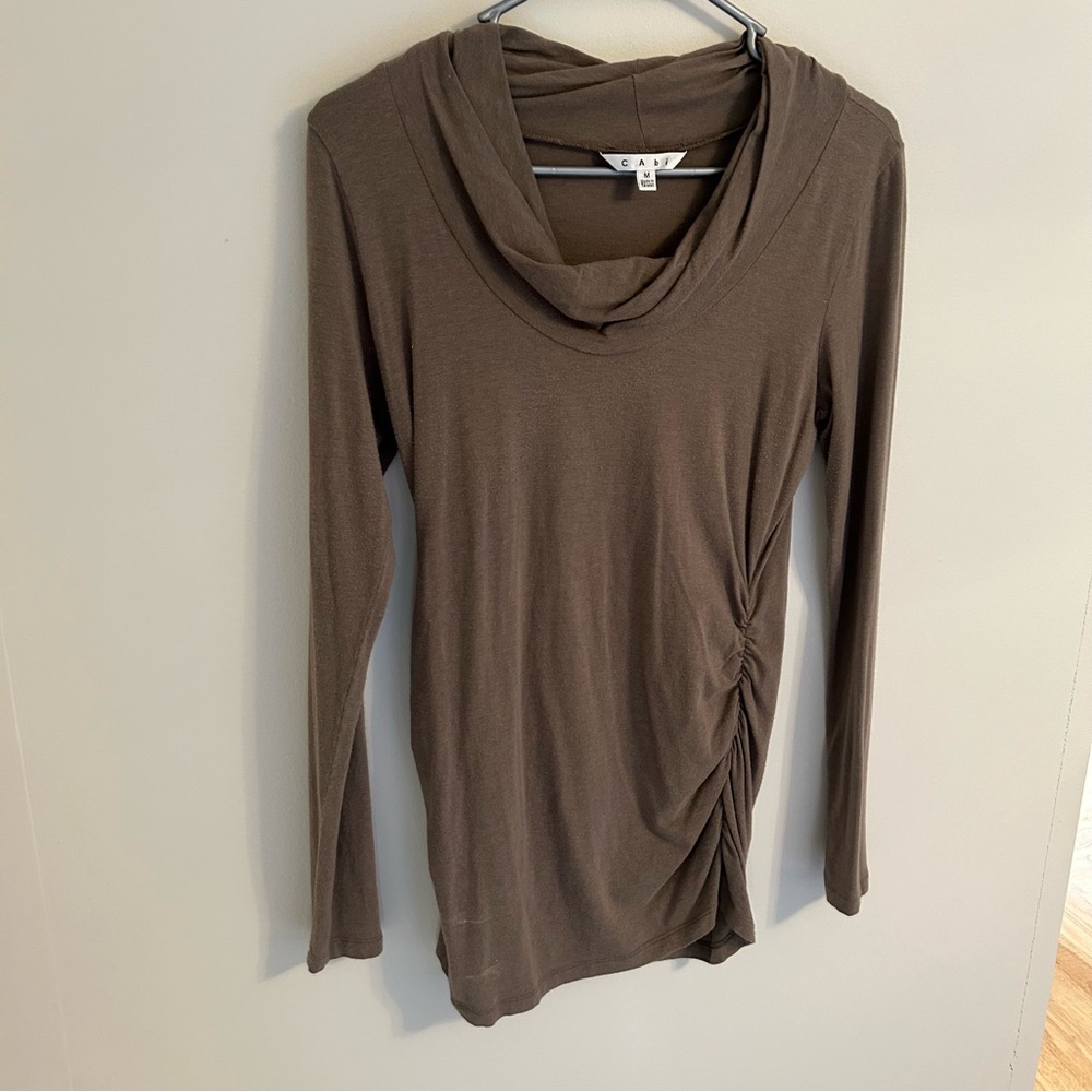Cabi Lola Tee Brown Olive Green Draped Cowl Neck Ruched Sides Long Sleeve Medium - Picture 3 of 6